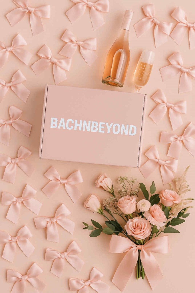 blush pink bachelorette decor box with bows and feminine party decorations coquette-themed bachelorette party setup with satin ribbons and pink balloons