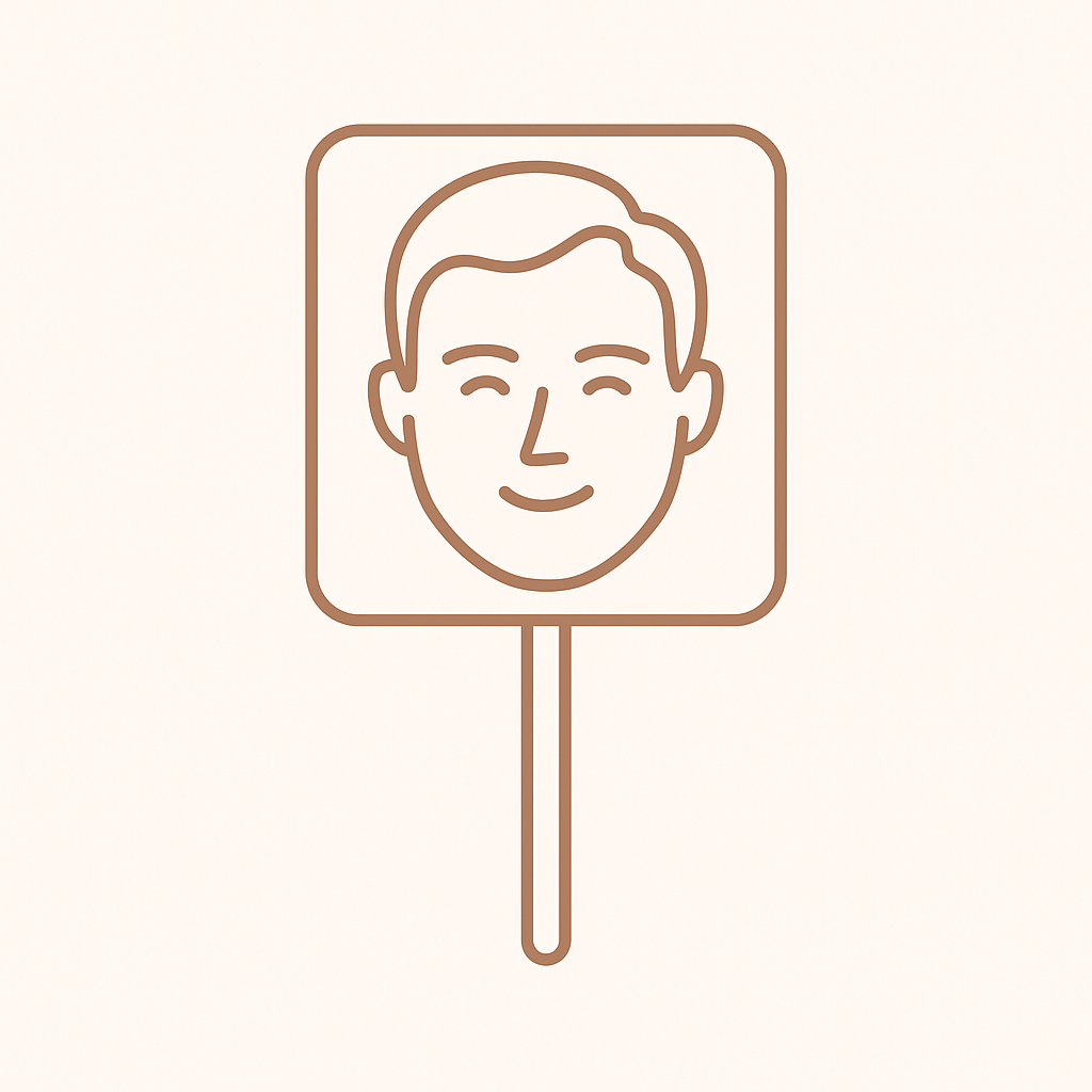 "line art icon of custom bachelorette face stick in navy blue with smiling face cut-out on beige background #FAF5F2"

"digital illustration of groom face stick prop with playful blush bow and floral accents for bachelorette party"

"flat line art icon of bachelorette party face stick cut-out in navy and coral on neutral chic background